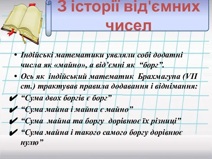 З історії від'ємних чисел Індійські математики уявляли собі додатні числа як