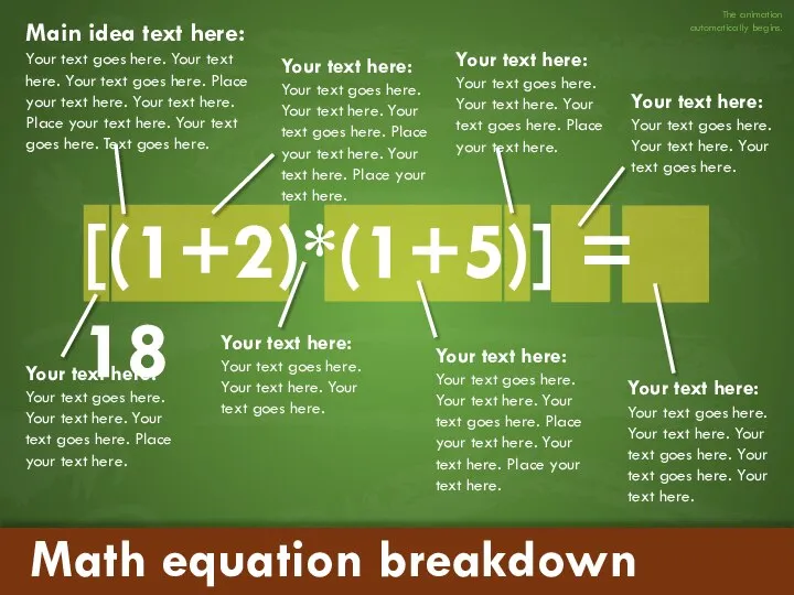 Math equation breakdown [(1+2)*(1+5)] = 18 Your text here: Your text
