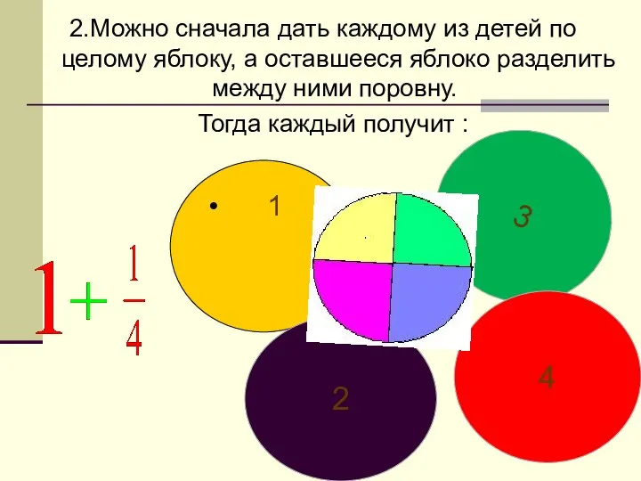 2.Можно сначала дать каждому из детей по целому яблоку, а оставшееся