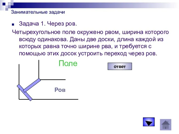 Занимательные задачи Задача 1. Через ров. Четырехугольное поле окружено рвом, ширина