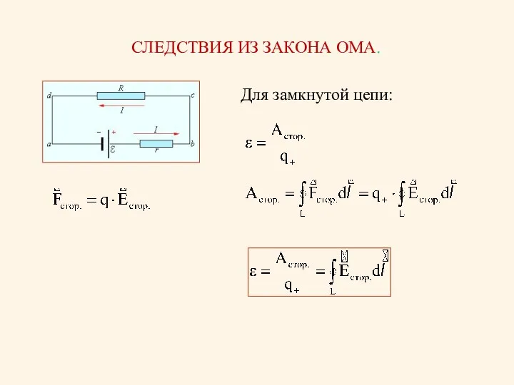 СЛЕДСТВИЯ ИЗ ЗАКОНА ОМА. Для замкнутой цепи: