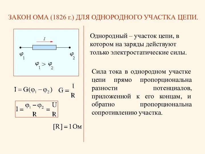 ЗАКОН ОМА (1826 г.) ДЛЯ ОДНОРОДНОГО УЧАСТКА ЦЕПИ. Однородный – участок