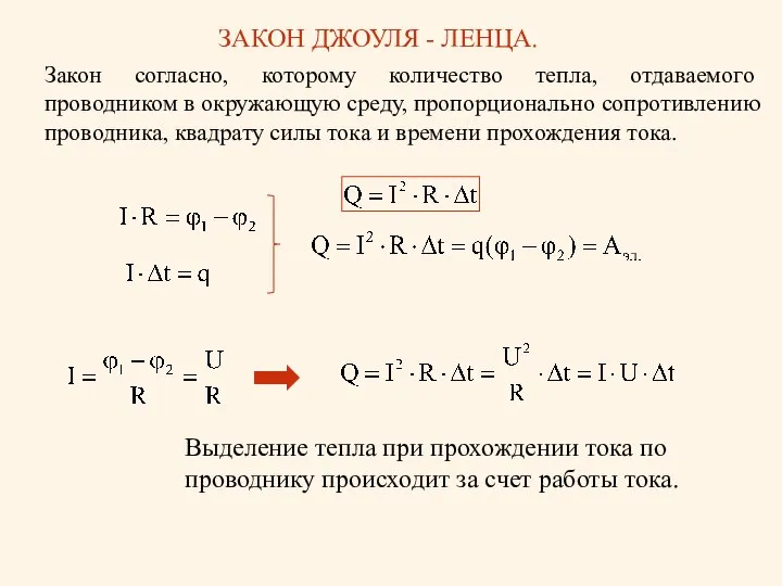 ЗАКОН ДЖОУЛЯ - ЛЕНЦА. Закон согласно, которому количество тепла, отдаваемого проводником