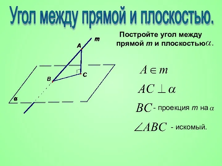 Угол между прямой и плоскостью. Постройте угол между прямой m и плоскостью