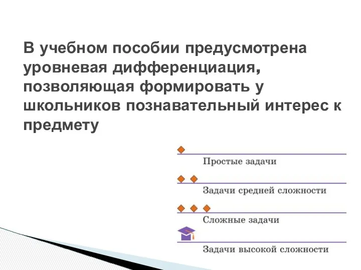 В учебном пособии предусмотрена уровневая дифференциация, позволяющая формировать у школьников познавательный интерес к предмету