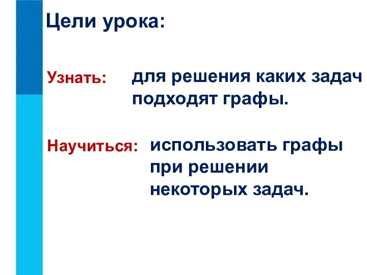 Узнать: Научиться: для решения каких задач подходят графы. использовать графы при решении некоторых задач. Цели урока: