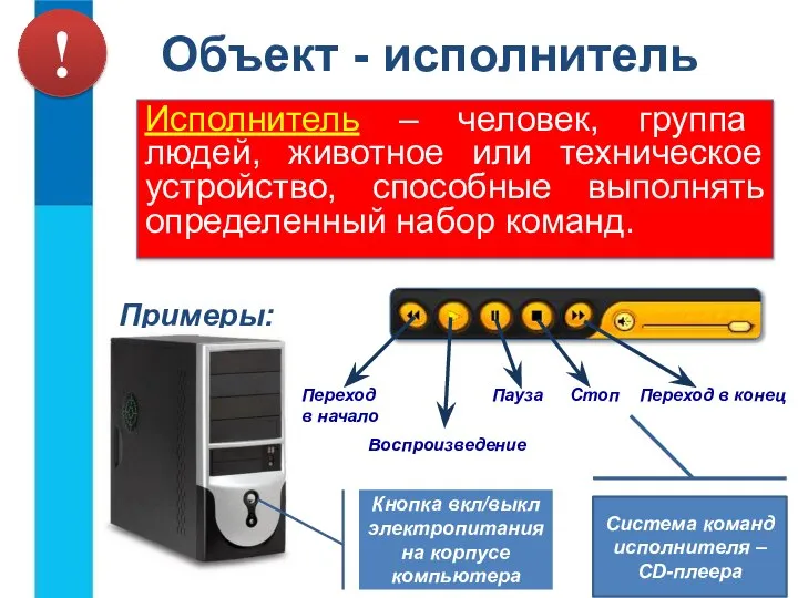 Исполнитель – человек, группа людей, животное или техническое устройство, способные выполнять