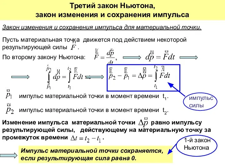 Третий закон Ньютона, закон изменения и сохранения импульса Закон изменения и сохранения импульса для материальной точки.