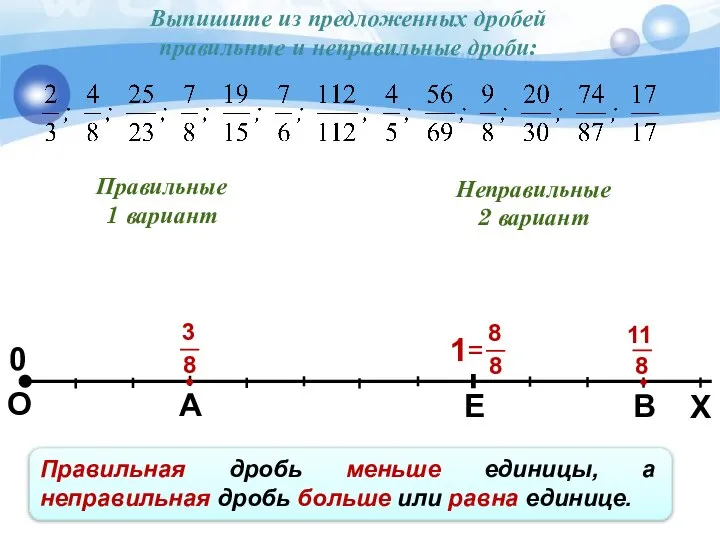 Выпишите из предложенных дробей правильные и неправильные дроби: Правильные 1 вариант