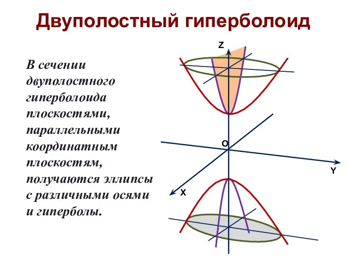 Двуполостный гиперболоид В сечении двуполостного гиперболоида плоскостями, параллельными координатным плоскостям, получаются