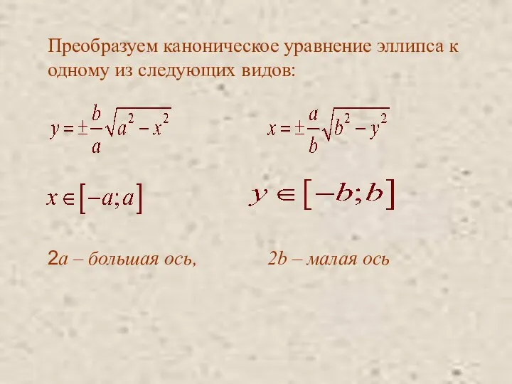 Преобразуем каноническое уравнение эллипса к одному из следующих видов: 2a –