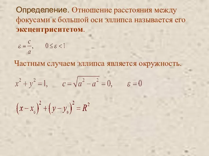 Определение. Отношение расстояния между фокусами к большой оси эллипса называется его