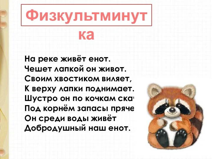 На реке живёт енот. Чешет лапкой он живот. Своим хвостиком виляет,