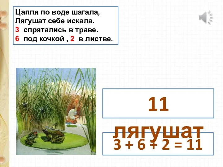 Цапля по воде шагала, Лягушат себе искала. 3 спрятались в траве.