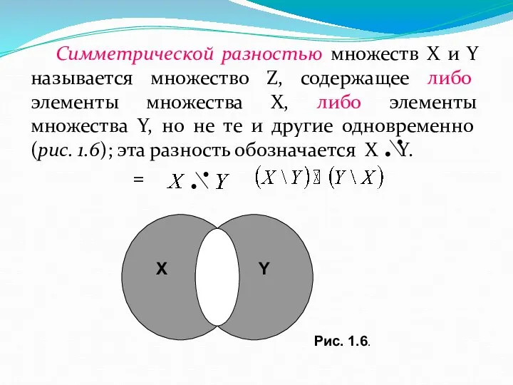 Симметрической разностью множеств X и Y называется множество Z, содержащее либо