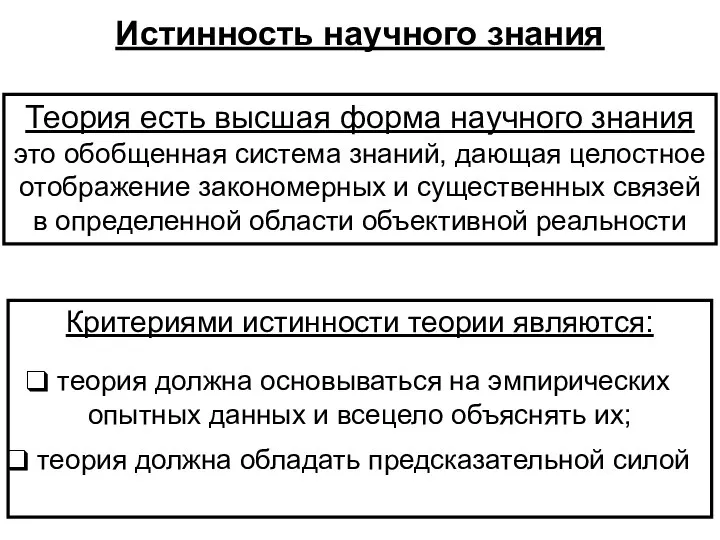 Истинность научного знания Теория есть высшая форма научного знания это обобщенная