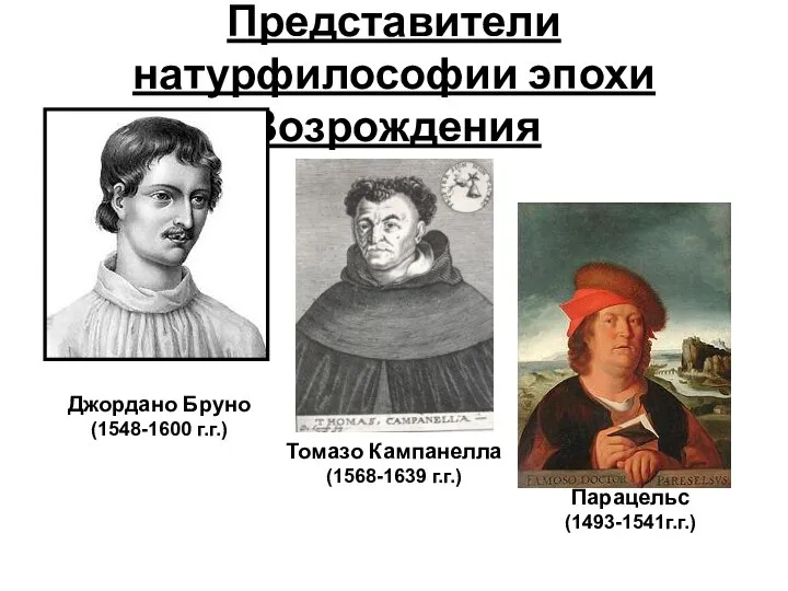 Джордано Бруно (1548-1600 г.г.) Томазо Кампанелла (1568-1639 г.г.) Парацельс (1493-1541г.г.) Представители натурфилософии эпохи Возрождения