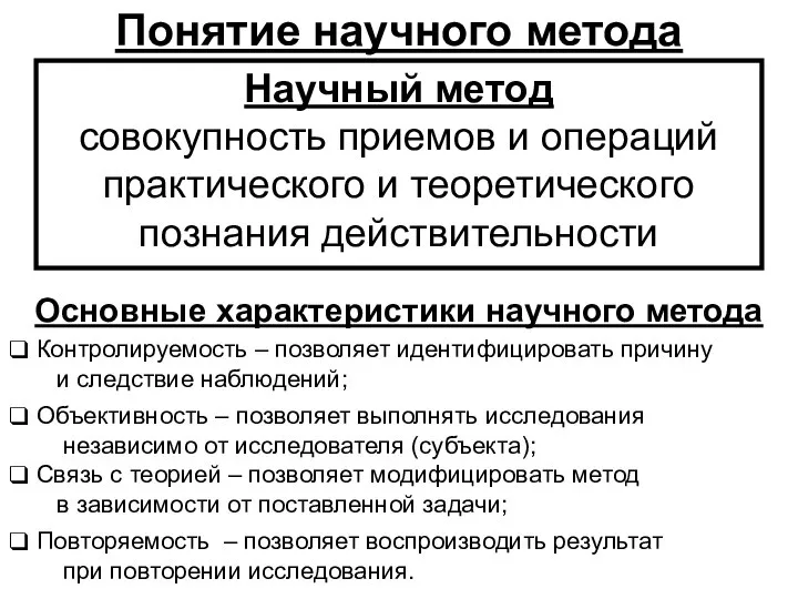 Понятие научного метода Научный метод совокупность приемов и операций практического и