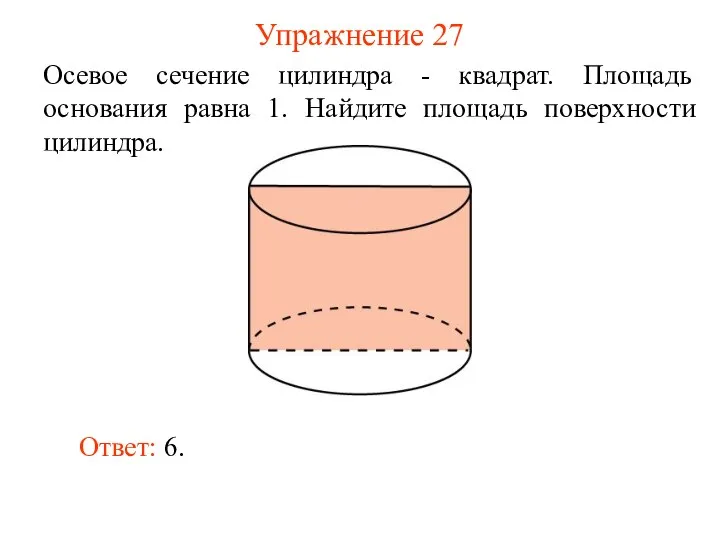 Упражнение 27 Осевое сечение цилиндра - квадрат. Площадь основания равна 1.