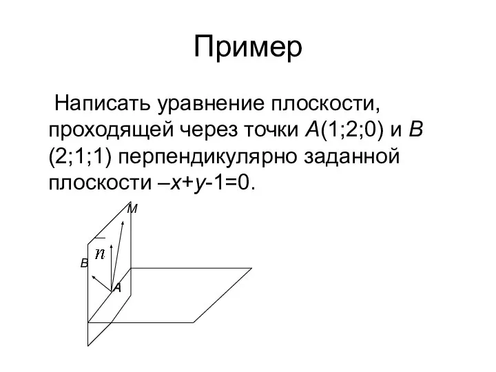 Пример Написать уравнение плоскости, проходящей через точки А(1;2;0) и В(2;1;1) перпендикулярно