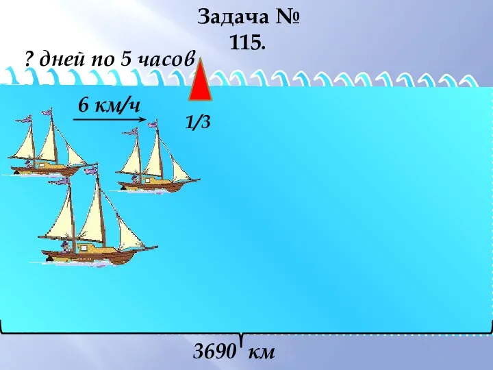 6 км/ч ? дней по 5 часов 3690 км 1/3 Задача № 115.