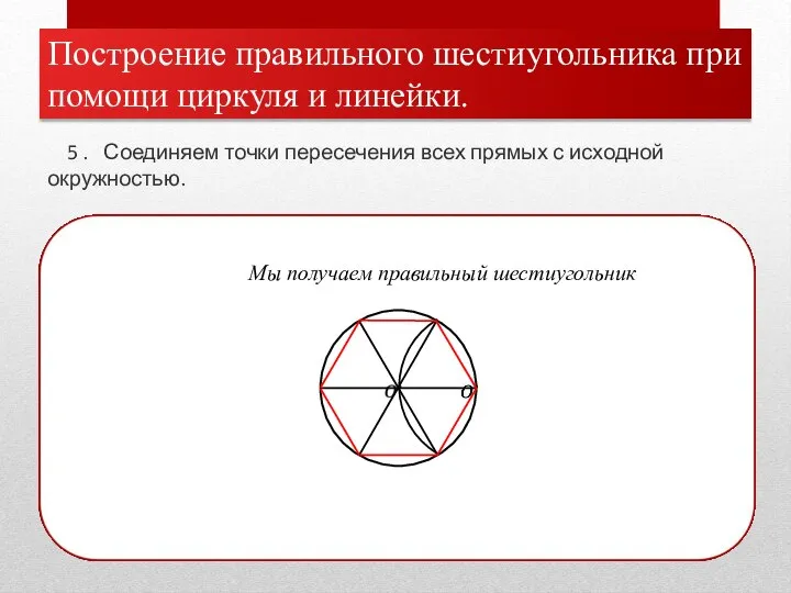 Построение правильного шестиугольника при помощи циркуля и линейки. 5 . Соединяем