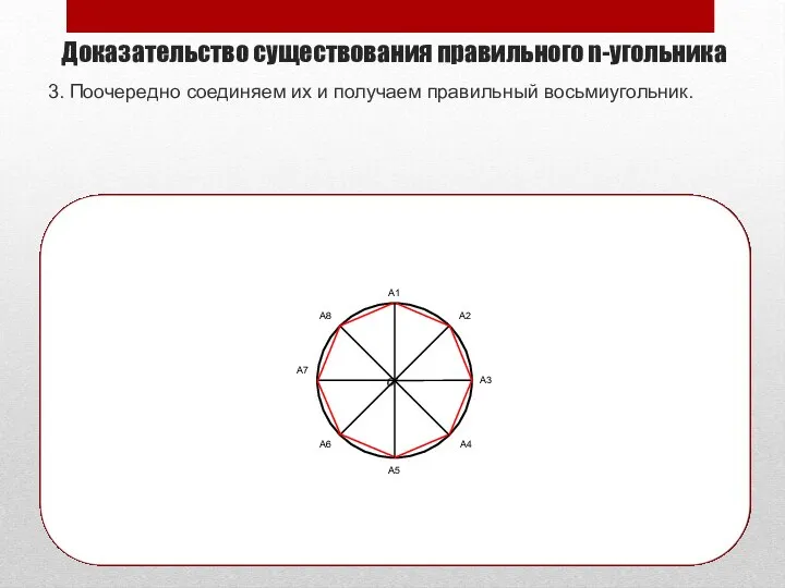 3. Поочередно соединяем их и получаем правильный восьмиугольник. Доказательство существования правильного