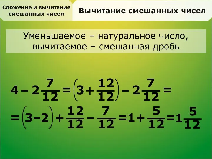 Сложение и вычитание смешанных чисел Вычитание смешанных чисел Уменьшаемое – натуральное