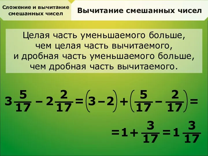 Сложение и вычитание смешанных чисел Вычитание смешанных чисел Целая часть уменьшаемого