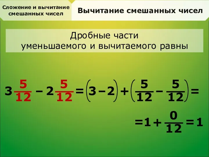 Сложение и вычитание смешанных чисел Вычитание смешанных чисел Дробные части уменьшаемого