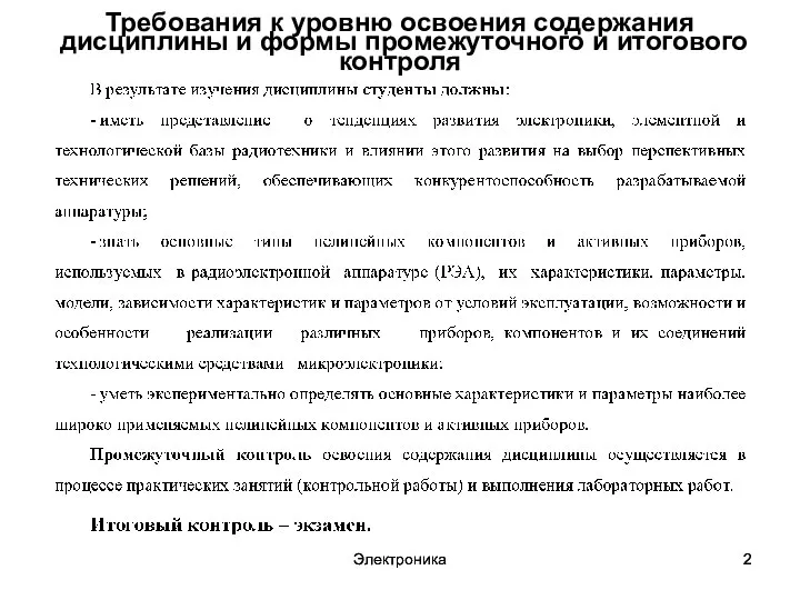 Электроника Электроника Требования к уровню освоения содержания дисциплины и формы промежуточного и итогового контроля