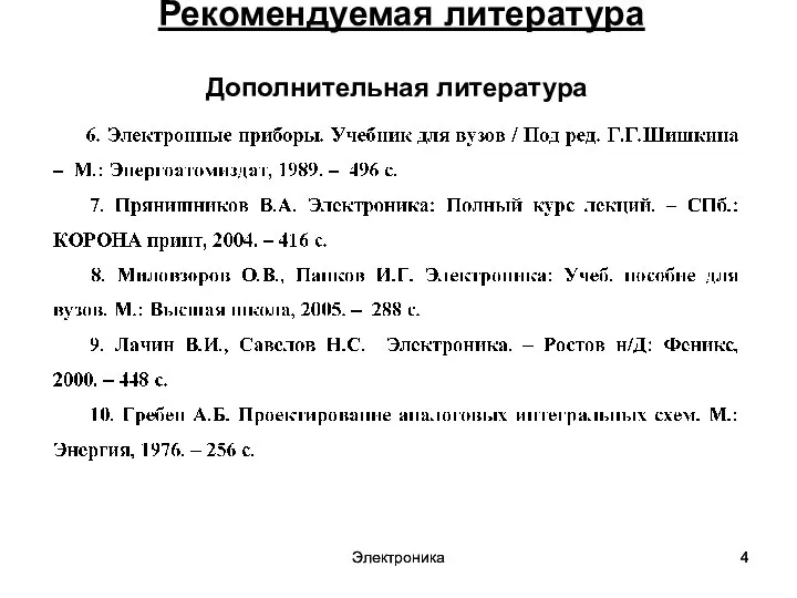 Электроника Электроника Рекомендуемая литература Дополнительная литература