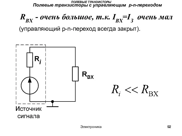 Электроника ПОЛЕВЫЕ ТРАНЗИСТОРЫ Полевые транзисторы с управляющим p-n-переходом RВХ - очень