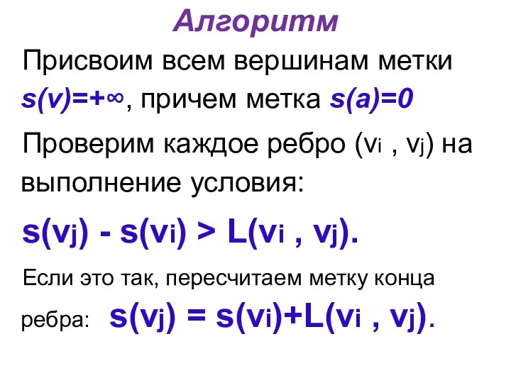 Алгоритм Присвоим всем вершинам метки s(v)=+∞, причем метка s(а)=0 Проверим каждое