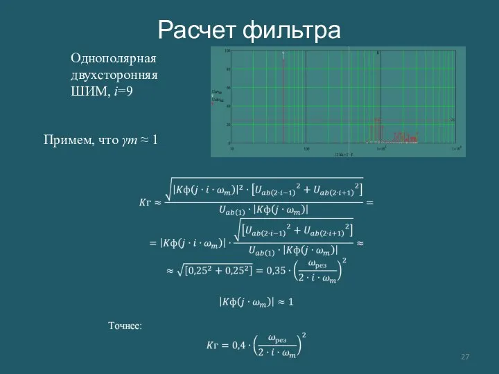 Расчет фильтра Однополярная двухсторонняя ШИМ, i=9 Примем, что γm ≈ 1