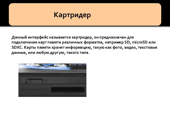 Данный интерфейс называется картридер, он предназначен для подключения карт памяти различных