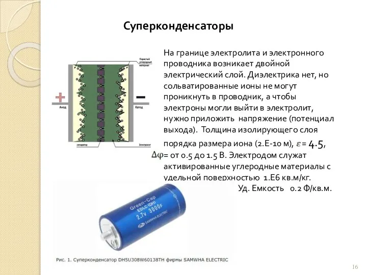 Суперконденсаторы На границе электролита и электронного проводника возникает двойной электрический слой.