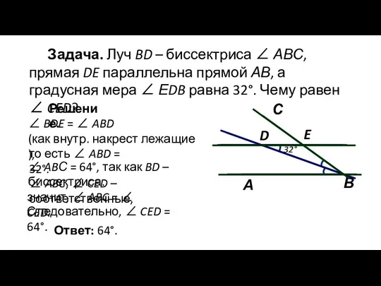 Задача. Луч BD – биссектриса ∠ АВС, прямая DE параллельна прямой