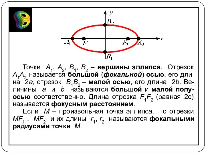 Точки A1, A2, B1, B2 – вершины эллипса. Отрезок A1A2 называется