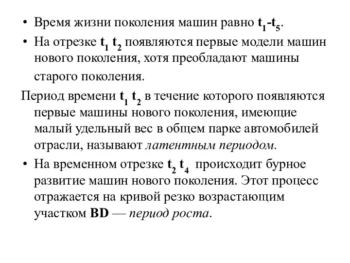 Время жизни поколения машин равно t1-t5. На отрезке t1 t2 появляются