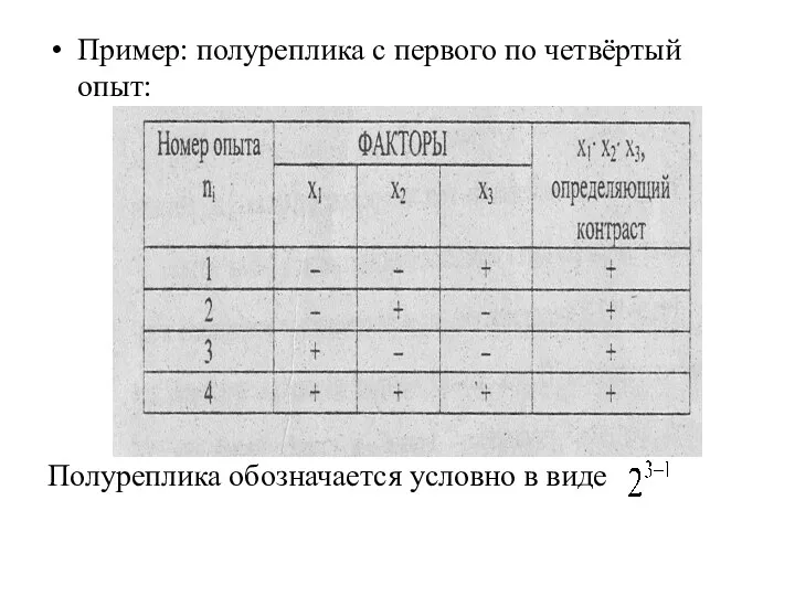 Пример: полуреплика с первого по четвёртый опыт: Полуреплика обозначается условно в виде