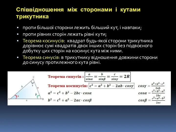 Співвідношення між сторонами і кутами трикутника проти більшої сторони лежить більший