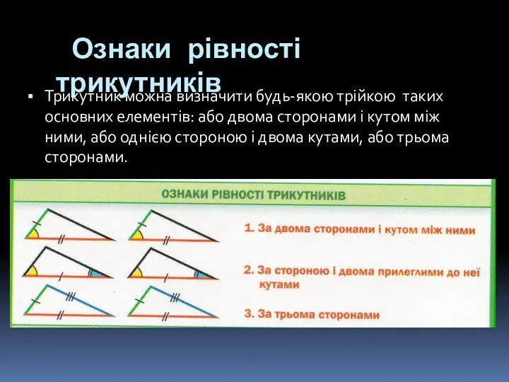 Ознаки рівності трикутників Трикутник можна визначити будь-якою трійкою таких основних елементів: