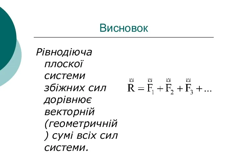 Висновок Рівнодіюча плоскої системи збіжних сил дорівнює векторній (геометричній) сумі всіх сил системи.