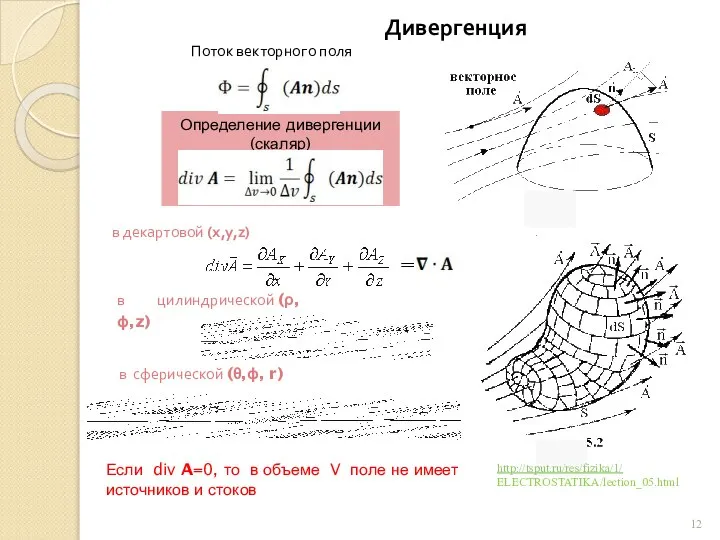Определение дивергенции (скаляр) http://tsput.ru/res/fizika/1/ ELECTROSTATIKA/lection_05.html в декартовой (x,y,z) в цилиндрической (ρ,ϕ,z)