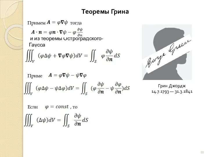 Грин Джордж 14.7.1793 — 31.3.1841 Теоремы Грина и из теоремы Остроградского-Гаусса