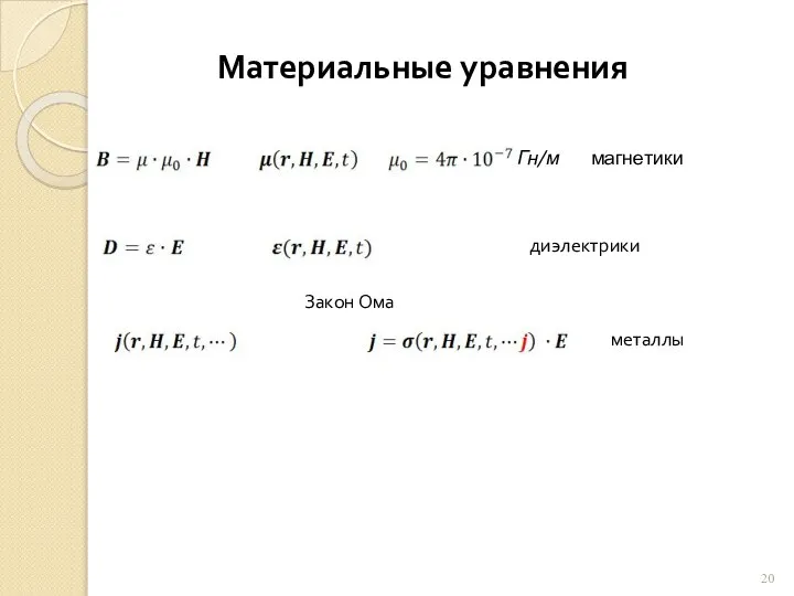 Материальные уравнения Гн/м магнетики Закон Ома диэлектрики металлы