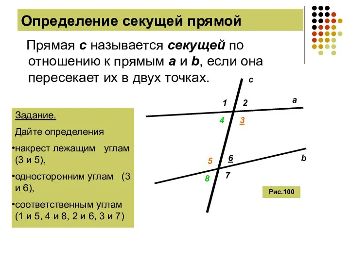 Определение секущей прямой Прямая c называется секущей по отношению к прямым