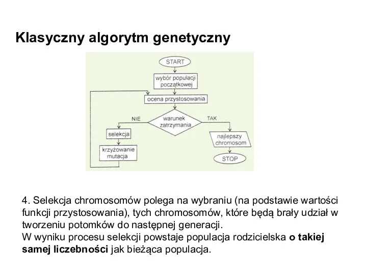 Klasyczny algorytm genetyczny 4. Selekcja chromosomów polega na wybraniu (na podstawie