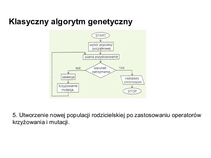 Klasyczny algorytm genetyczny 5. Utworzenie nowej populacji rodzicielskiej po zastosowaniu operatorów krzyżowania i mutacji.